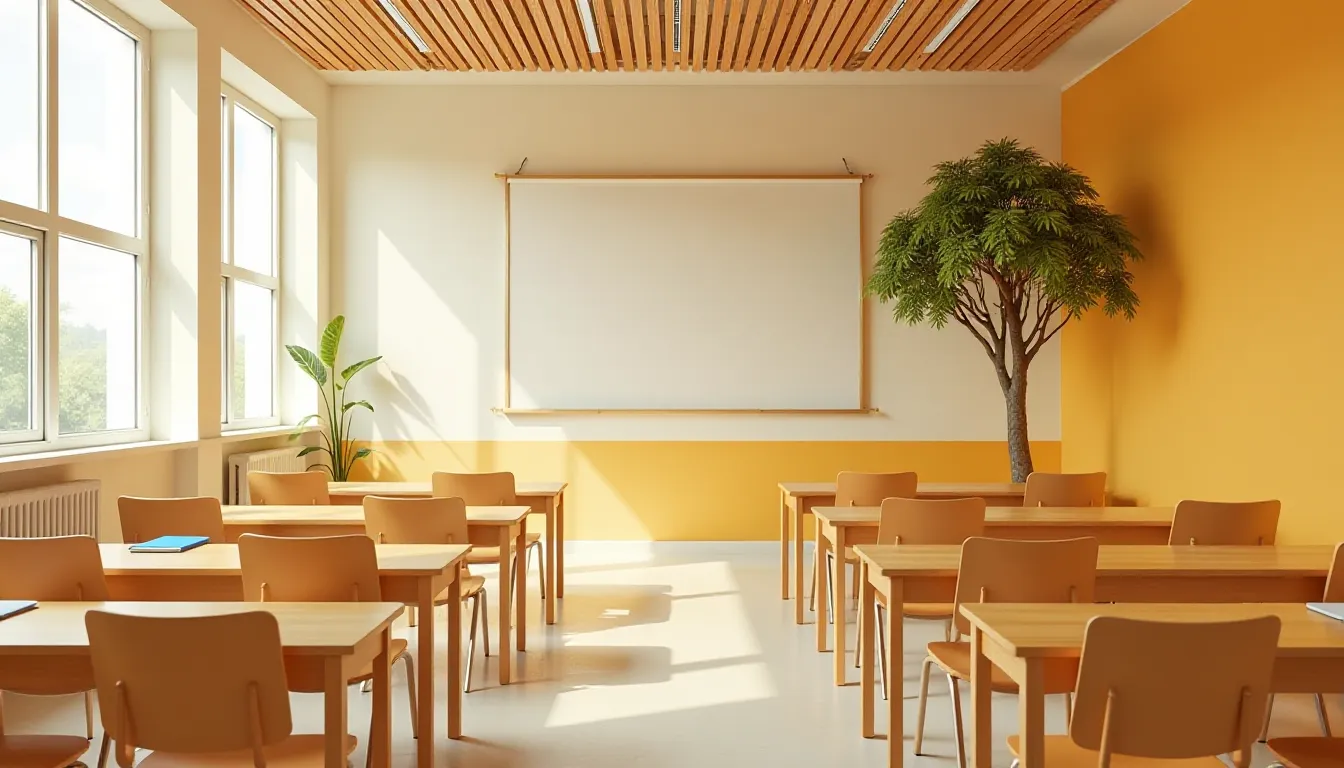 Sala de aula moderna iluminada naturalmente, com mesas de madeira, cadeiras em tom claro e uma lousa em branco ao fundo. Uma planta saudável adiciona um toque de verde, complementando a decoração em tons de amarelo e madeira.