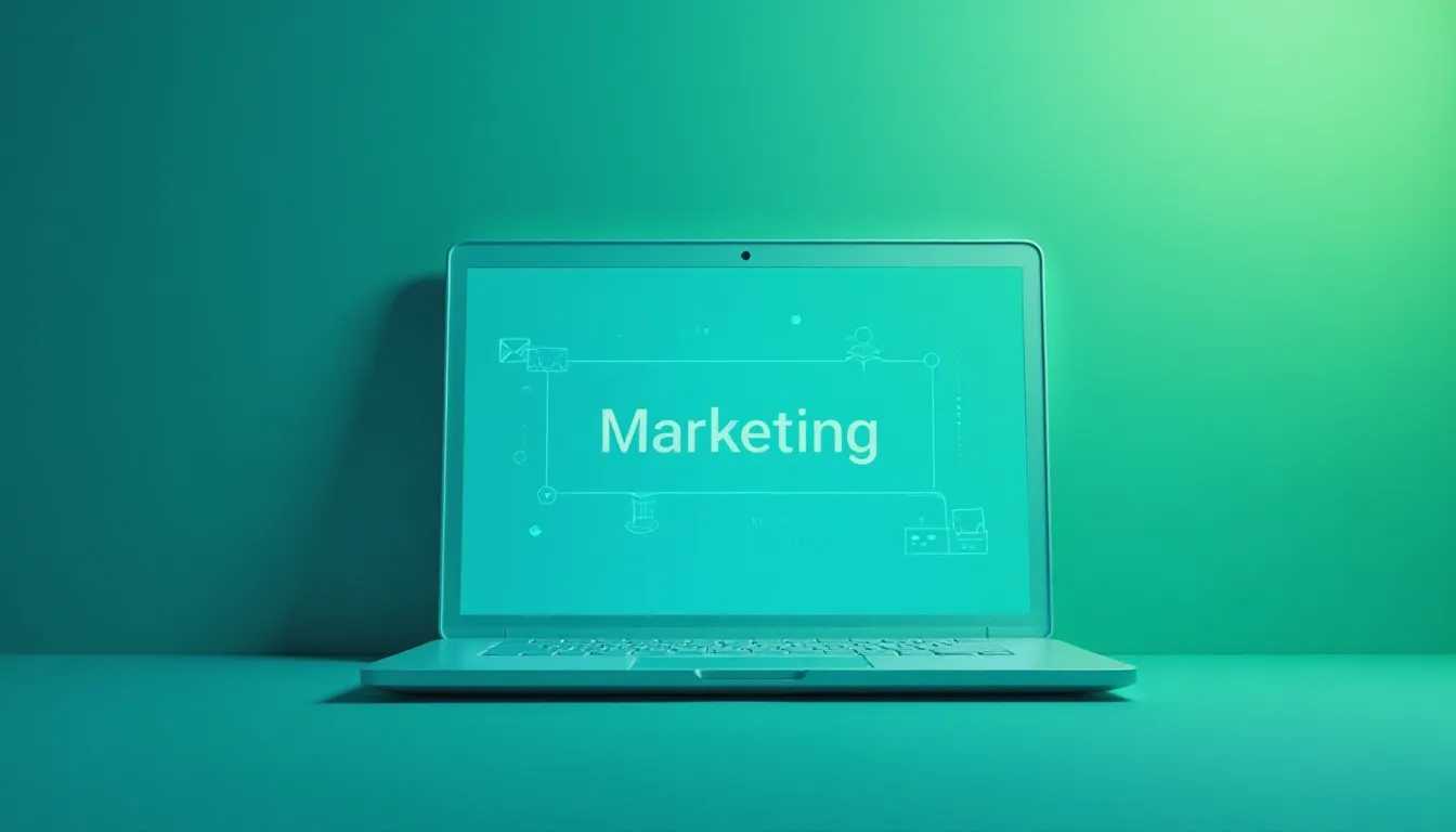 Computador portátil com a palavra "Marketing" em destaque na tela, representando conceitos de marketing digital e comunicação visual em um fundo verde.