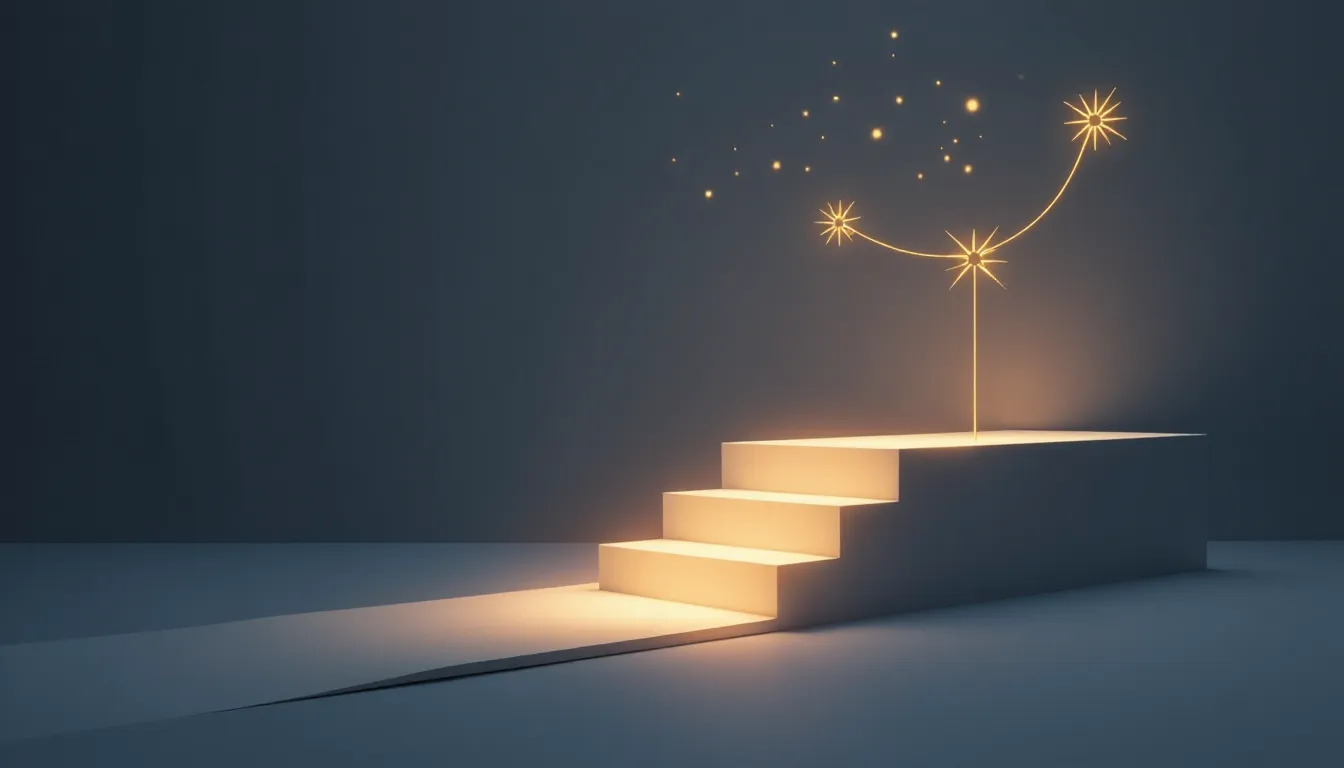 Escadaria iluminada com estrelas brilhantes em um fundo escuro, criando uma atmosfera mágica e inspiradora.