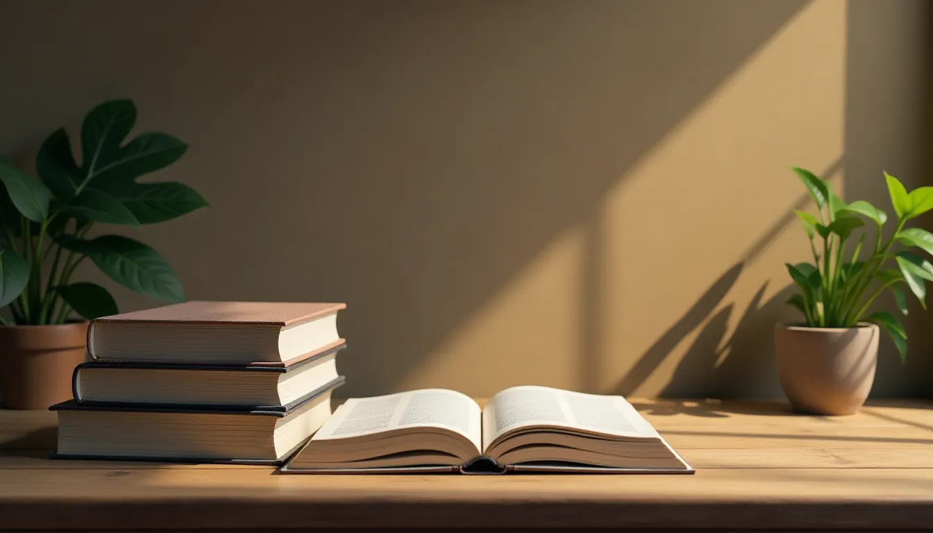 Imagem de um ambiente aconchegante de estudo, com um livro aberto em uma mesa de madeira ao lado de pilhas de livros fechados e plantas em vasos, refletindo um espaço de aprendizado iluminado.