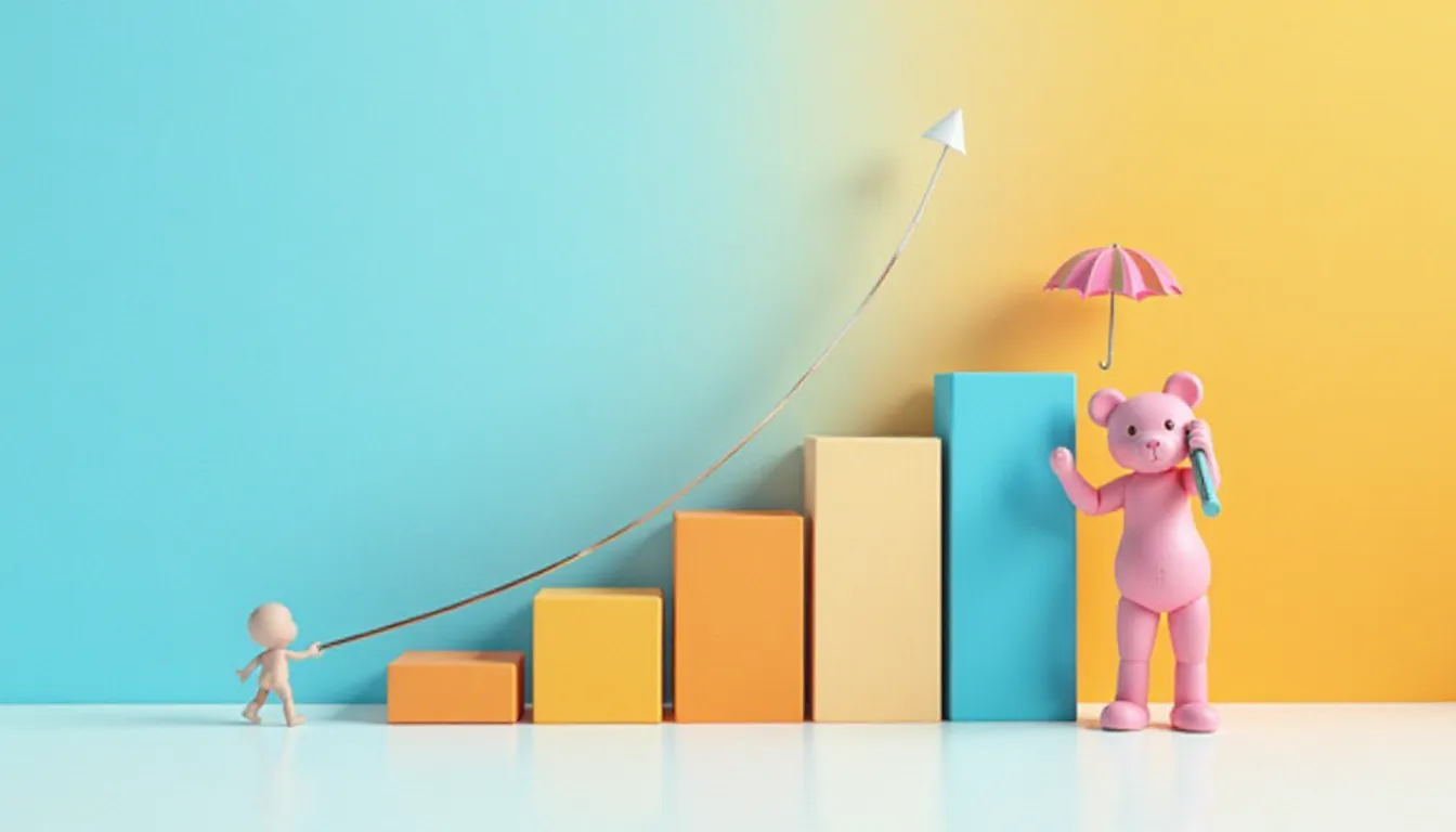 Imagem ilustrativa mostrando um gráfico de barras colorido, com um boneco humano puxando uma linha ascendente. À direita, um urso rosa segurando um telefone e um guarda-chuva, simbolizando crescimento e proteção. Fundo em degradê azul e amarelo.
