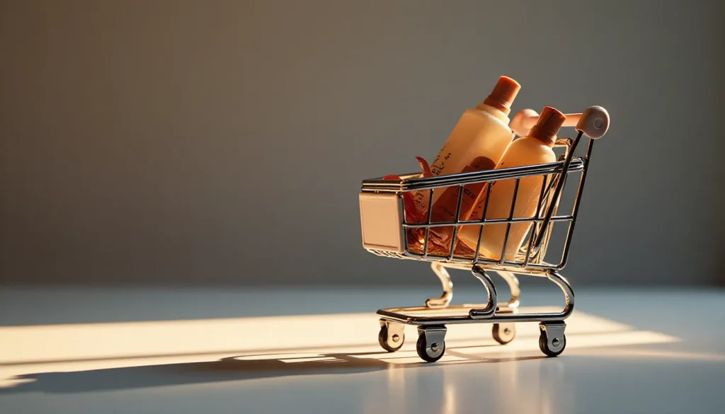 Carrinho de compras com frascos de shampoo e condicionador, iluminado por luz suave, sobre uma superfície clara.