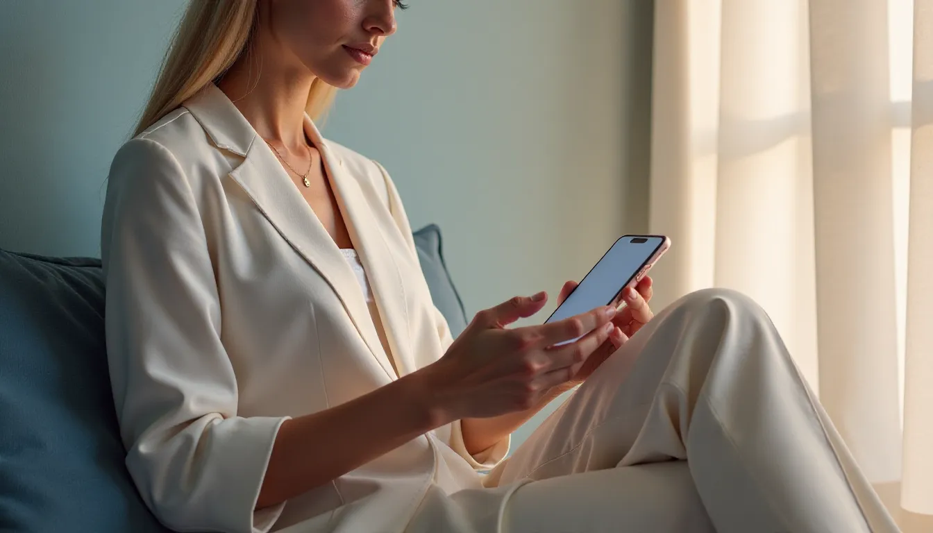 Mulher sentada em um sofá, vestindo um traje claro, usando um smartphone com a tela em branco, iluminada por luz natural que entra pela janela.