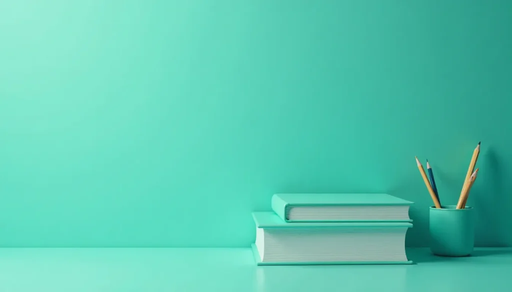 Imagem de livros empilhados em um fundo verde-água, com um copo de lápis ao lado. Ideal para temas de estudo e organização de escritório.
