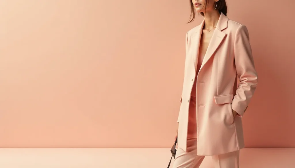 Modelo feminina usando um terno rosa claro, posando em frente a um fundo de tonalidade suave, transmitindo elegância e estilo contemporâneo.