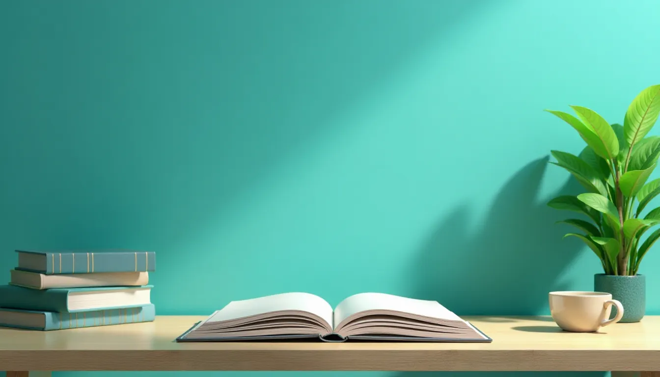 Mesa de madeira com um livro aberto, pilhas de livros empilhados ao lado, uma planta verde e uma xícara de café, em frente a uma parede azul clara. Ideal para ambientes de estudo ou leitura.