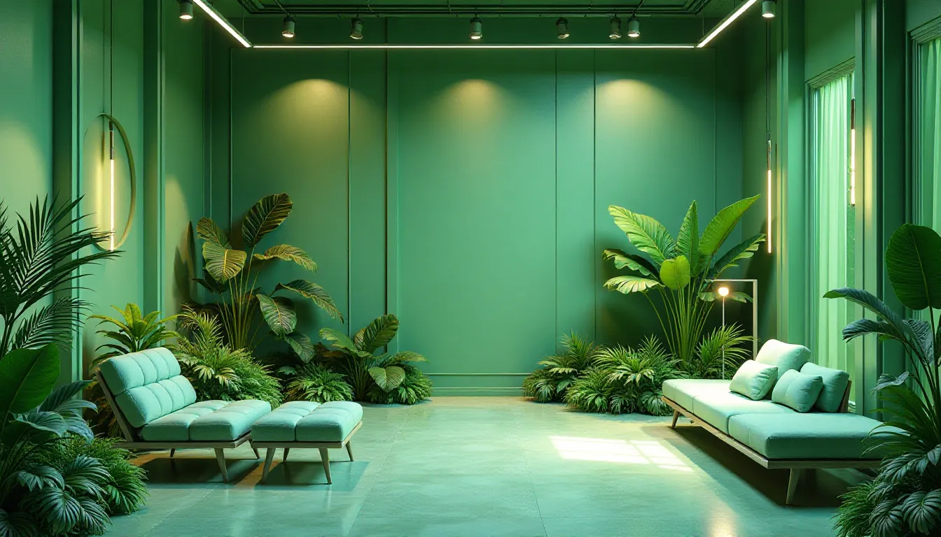 Sala moderna em tons de verde, decorada com sofás elegantes e abundantemente preenchida com plantas tropicais, iluminada por spots LED e janelas com cortinas leves. Ideal para ambientes contemporâneos e aconchegantes.