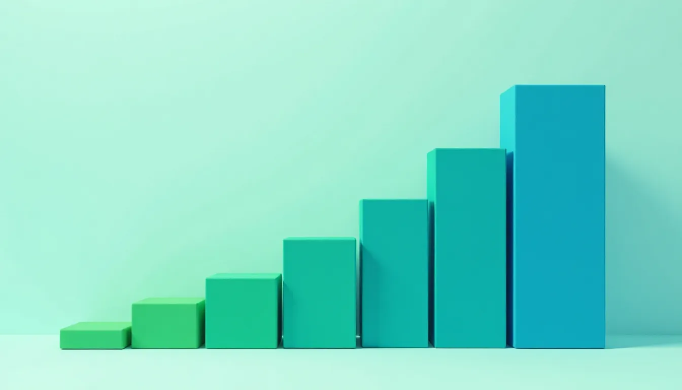 Gráfico de barras em tons de verde e azul representando crescimento progressivo, sobre fundo suave.