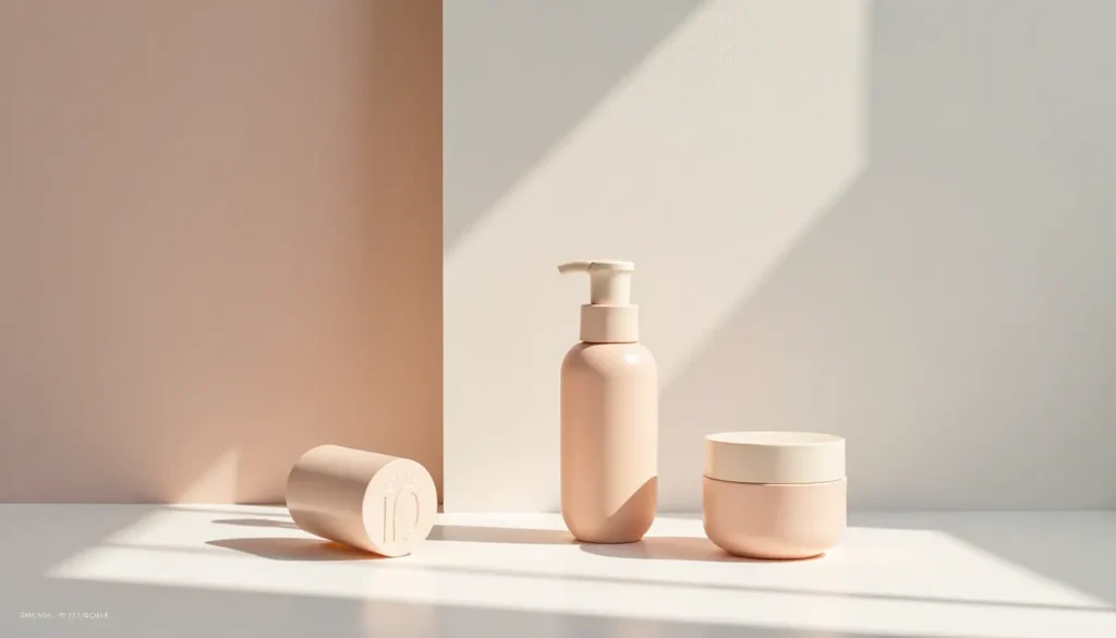 Produtos de beleza minimalistas em tons de rosa, incluindo um frasco com bomba, um pote e um cilindro, organizados em uma mesa iluminada por luz natural.