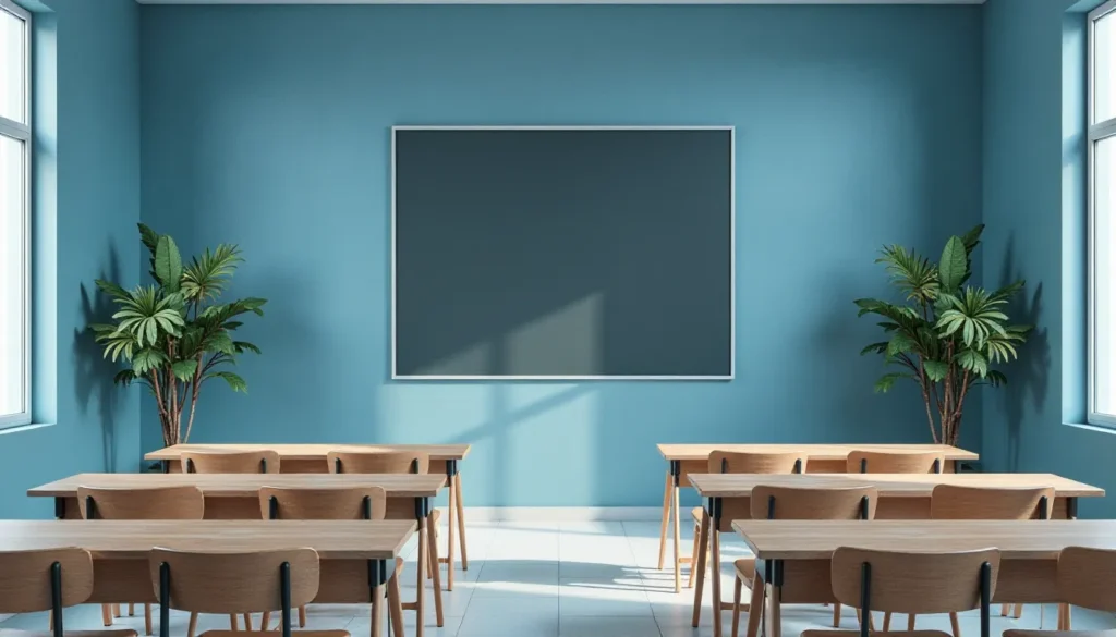 Sala de aula moderna com paredes azuis, mesas de madeira organizadas e plantas em vasos, destacando um quadro negro vazio.