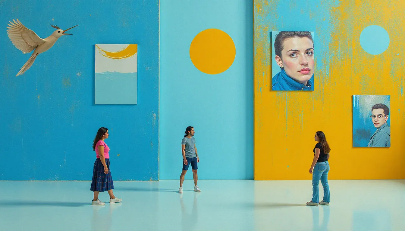 Três pessoas interagem em um espaço vibrante, com paredes azul e laranja. Uma ave voa ao fundo, enquanto retratos coloridos de rostos humanos estão pendurados nas paredes. A imagem destaca a arte contemporânea e as interações sociais.