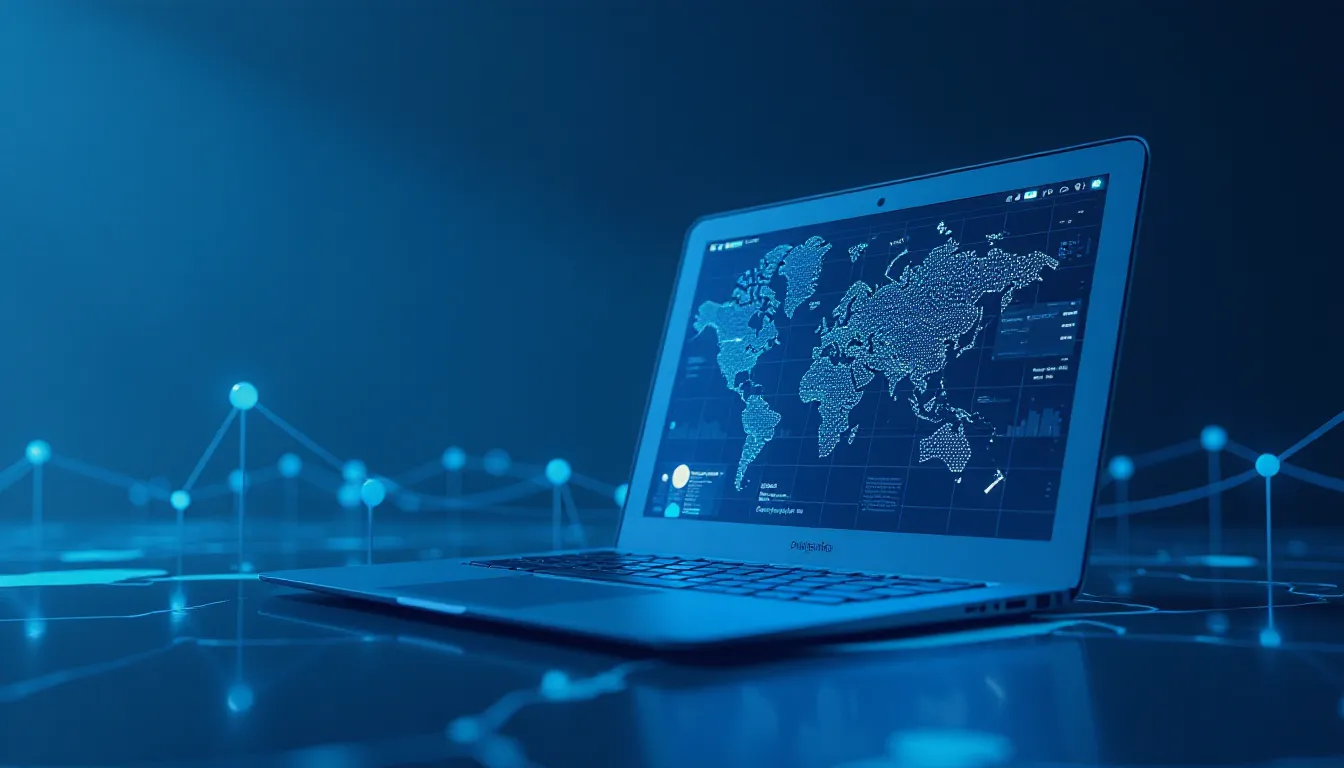 Laptop exibindo um mapa-múndi digital em um fundo azul, representando tecnologia e análise de dados, com gráficos e conexões de rede ao redor.