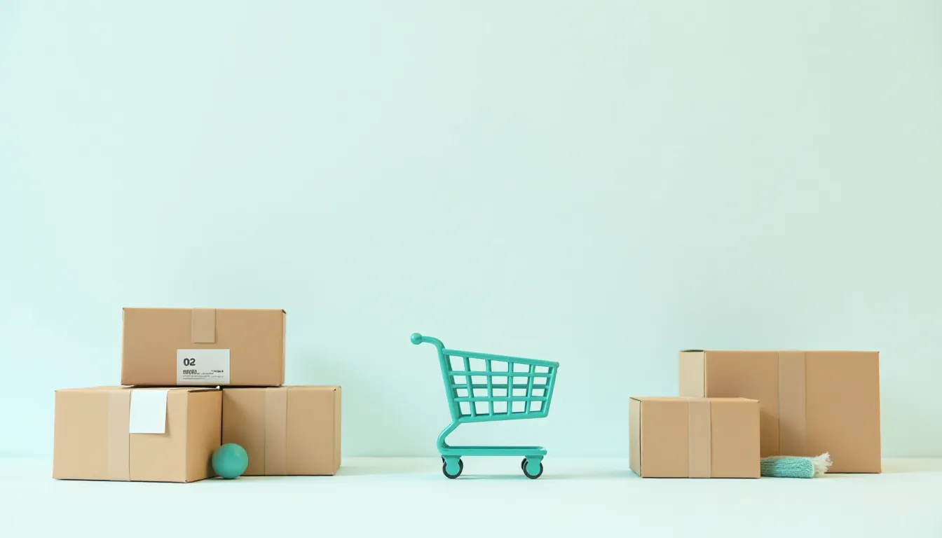 Imagem de um carrinho de compras verde em frente a caixas de papelão em um fundo azul claro. A cena representa o conceito de compras e entrega, com foco em armazenamento e organização.