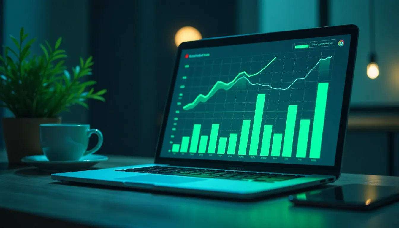 Imagem de um laptop com gráficos de desempenho em verde, mostrando dados estatísticos em um ambiente moderno e iluminado. Ao lado, uma xícara de café e uma planta decorativa, sugerindo um ambiente de trabalho produtivo.