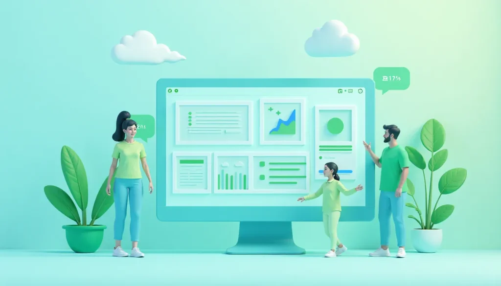 Ilustração de três personagens em um ambiente digital, com um grande monitor exibindo gráficos e dados em verde, representando tecnologia e análise de informações, cercados por plantas que simbolizam sustentabilidade.