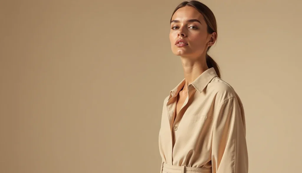 Modelo feminina com camisa beige em fundo neutro, apresentando uma expressão confiante e elegante. Ideal para promover moda e estilo.
