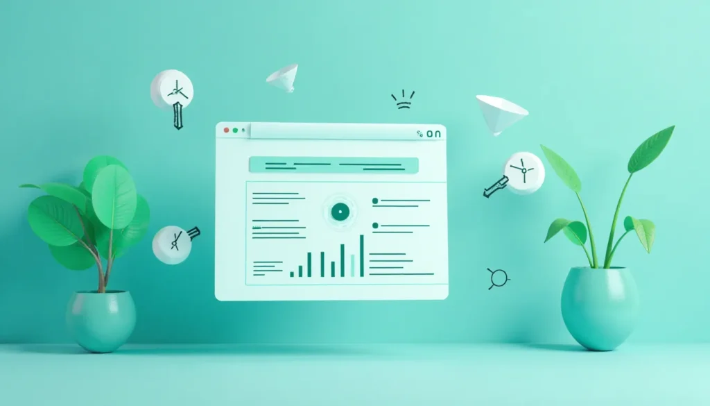 Ilustração de um navegador web em destaque, apresentando gráficos e dados em um fundo verde claro. Elementos gráficos como plantas em vasos e ícones de relógio voando ao redor, simbolizando eficiência e tecnologia.
