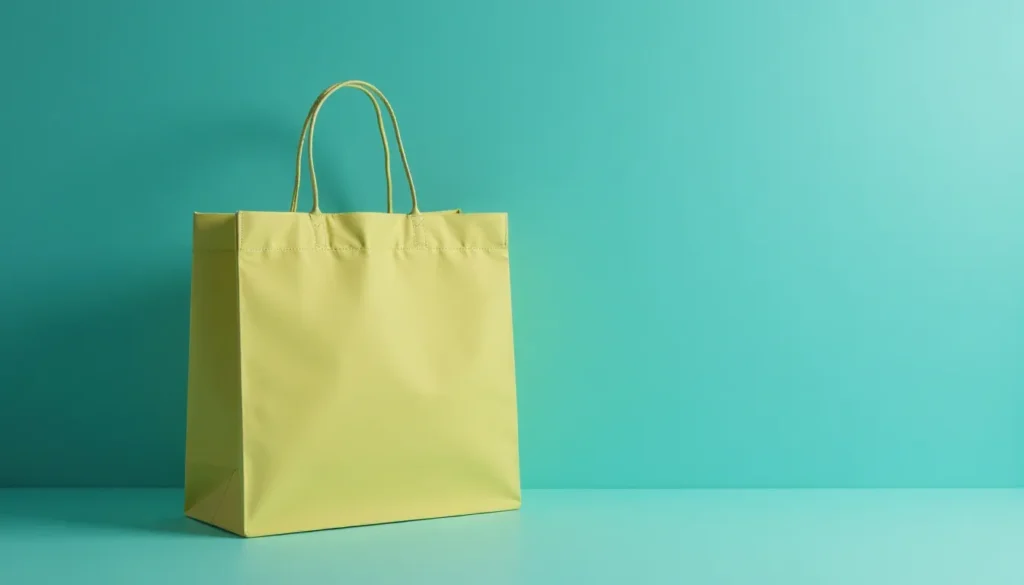 Sacola de compras amarela sobre fundo azul-turquesa, ideal para uso diário e sustentável.