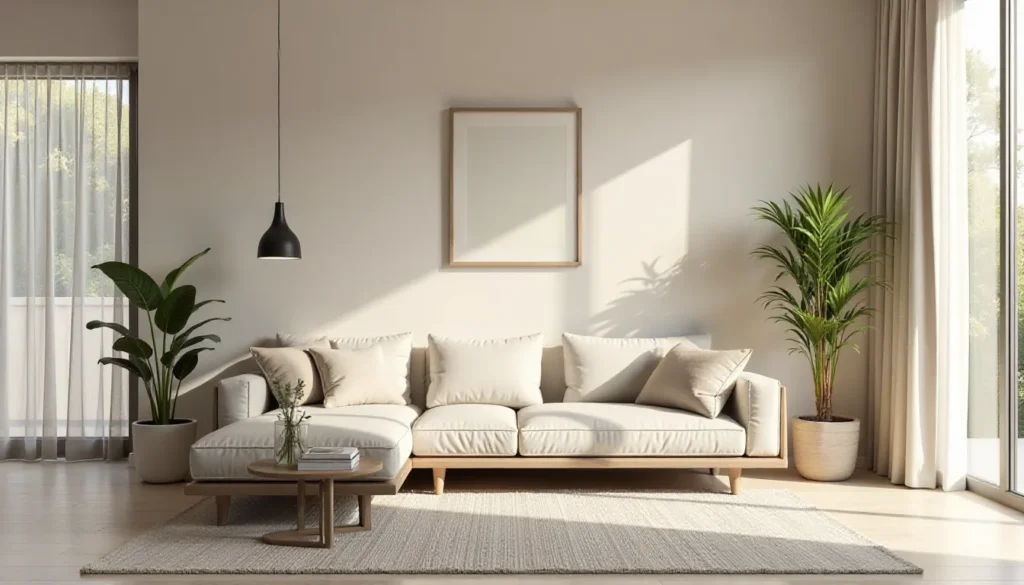 Sala de estar moderna com um sofá claro, mesas de centro de madeira, plantas decorativas e iluminação suave, criando um ambiente aconchegante e estético.