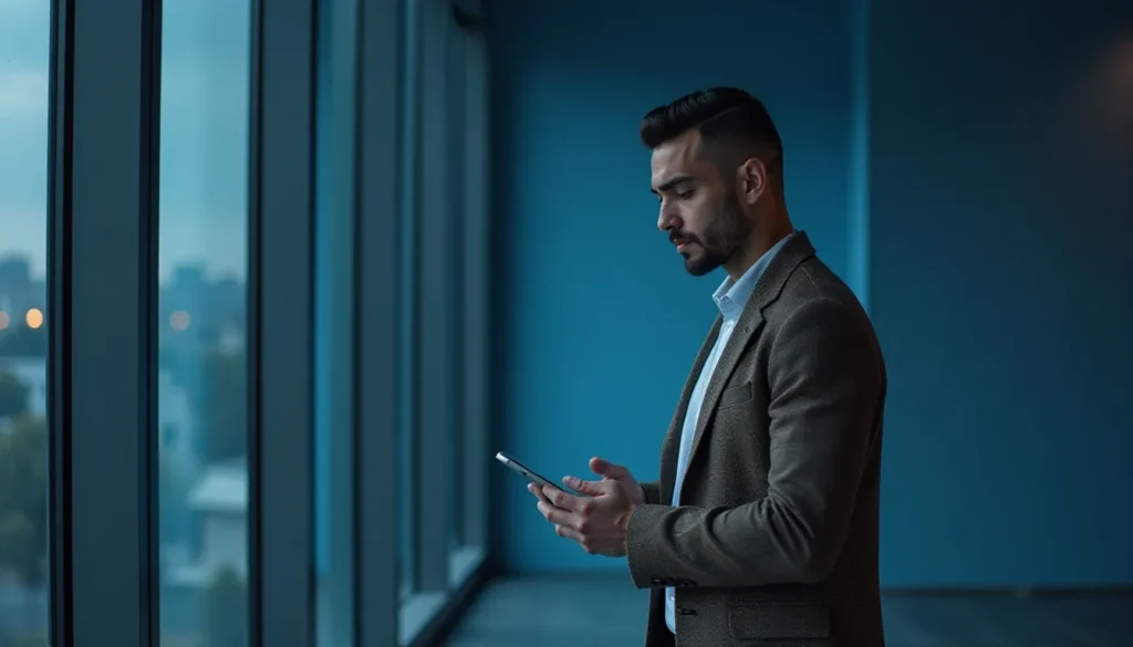 Homem de negócios usando um smartphone em um ambiente moderno com janelas grandes, transmitindo uma sensação de reflexão e conexão com a tecnologia.