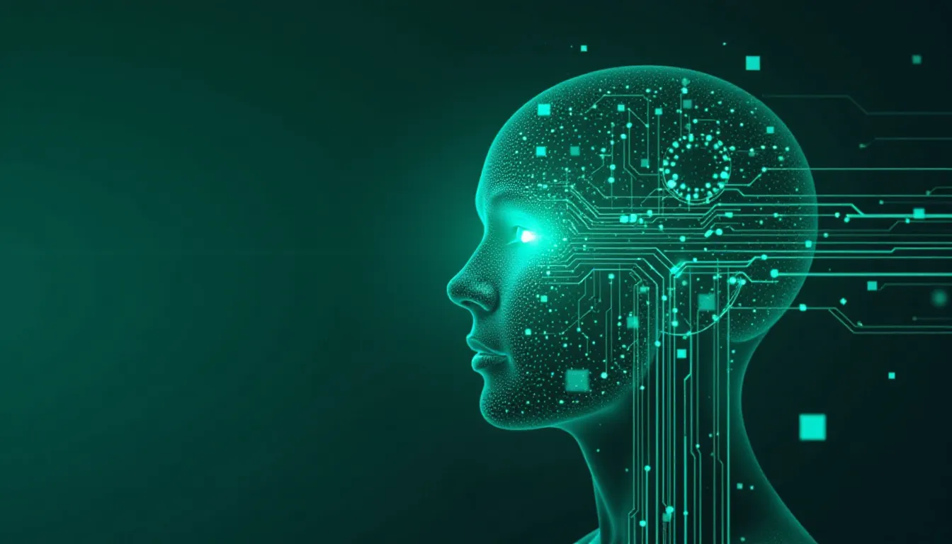 Perfil de uma cabeça humana estilizada com circuitos eletrônicos e elementos digitais, representando a interseção entre tecnologia e inteligência artificial. Fundo em tons escuros com destaque em verde.