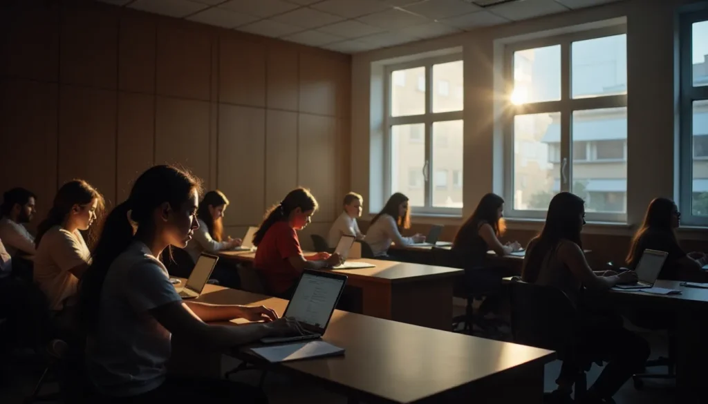 Estudantes concentrados em uma sala de aula iluminada pelo sol, utilizando laptops em mesas. A atmosfera é de aprendizado, com foco no trabalho acadêmico.