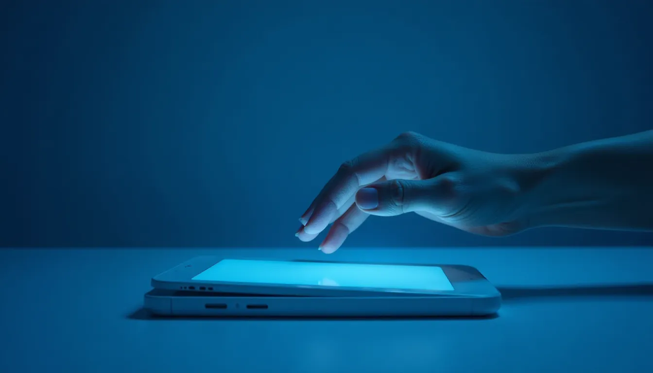 Mão tocando a tela de um tablet iluminado em um ambiente escuro, destacando a tecnologia moderna e a interação com dispositivos digitais.