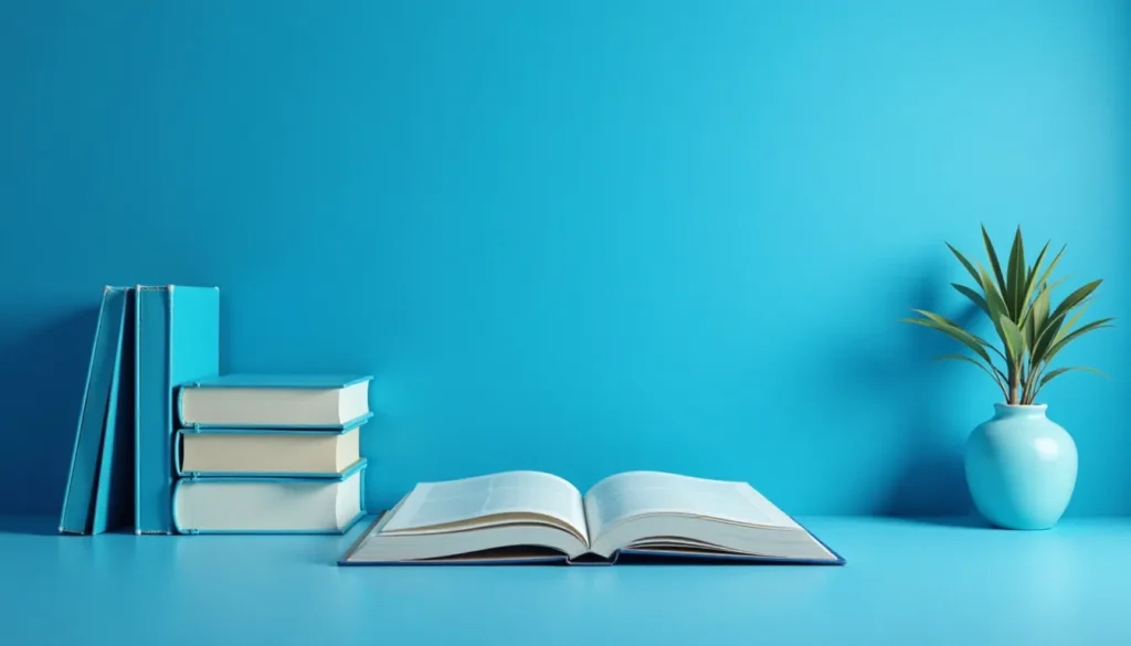 Imagem de um ambiente de estudo com fundo azul. Um livro aberto está centralizado, acompanhado por quatro livros empilhados à esquerda e um vaso decorativo com planta à direita. Ideal para temas relacionados a leitura, educação e decoração de espaços de trabalho.