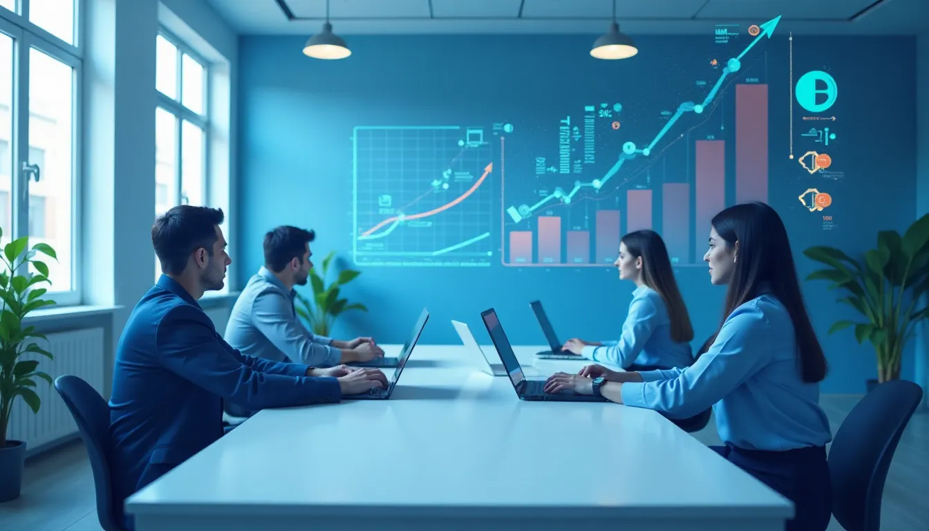 Grupo de profissionais em um escritório moderno, trabalhando em laptops enquanto analisam gráficos e dados projetados em uma parede azul. A imagem destaca a colaboração em ambientes de trabalho digitais e análise de desempenho.