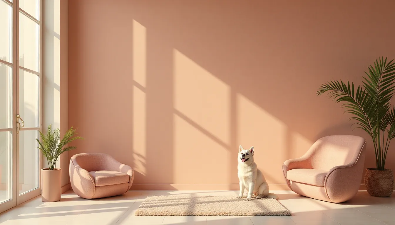 Ambiente interno moderno com paredes rosa, duas poltronas confortáveis, uma planta em vaso e um cachorro sentado sobre um tapete claro, iluminado por luz natural.