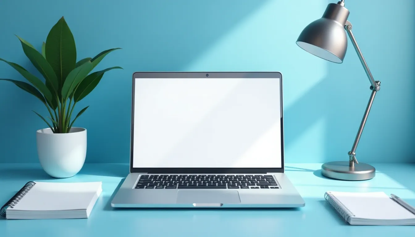 Escrivaninha moderna com um laptop prateado de tela vazia, uma planta verde em um vaso branco, uma luminária de mesa prateada e cadernos de anotações ao lado, sobre fundo azul claro.