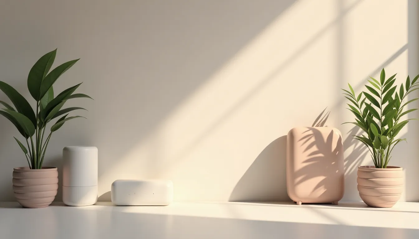 Decoração minimalista com dois vasos de plantas verdes em um ambiente iluminado, apresentando texturas suaves e cores neutras, como rosa e branco, em uma mesa clara sob a luz natural.