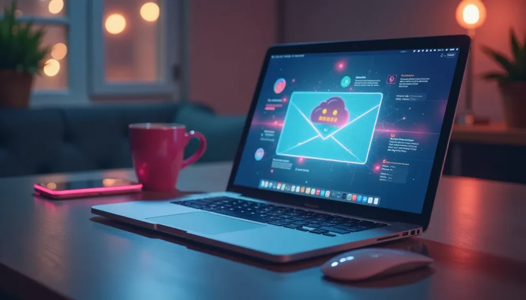 Computador portátil exibindo uma interface de e-mail digital iluminada, com fundo escuro. Ao lado, uma caneca rosa e um smartphone com luz de fundo, em ambiente aconchegante. Ideal para trabalho remoto e comunicação digital.