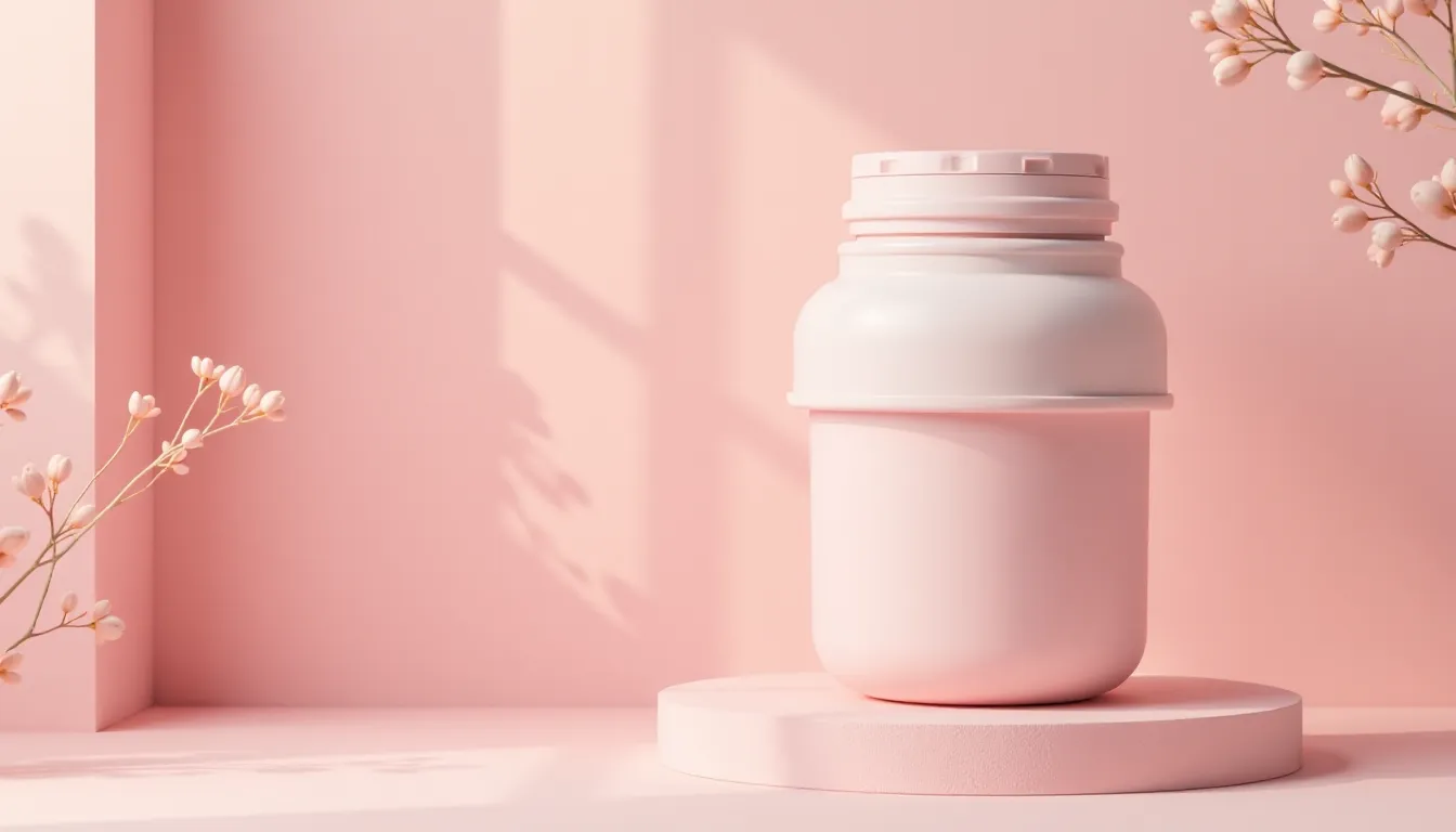 Frasco de suplemento rosa em um fundo suave, destacando uma estética minimalista com sombra suave e toque natural, ideal para produtos de bem-estar.