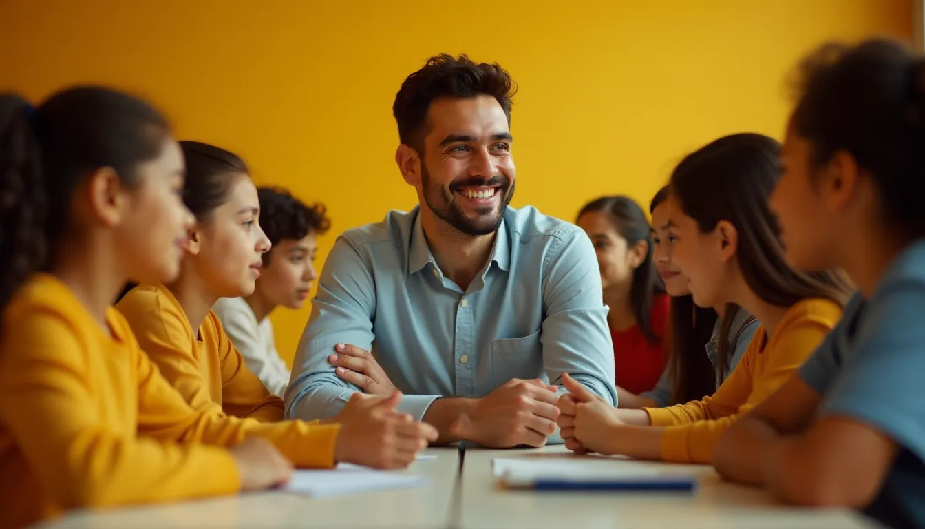 Professor sorridente interagindo com um grupo de meninas em uma sala de aula iluminada, com paredes amarelas e mesas dispostas para discussão e aprendizado colaborativo.