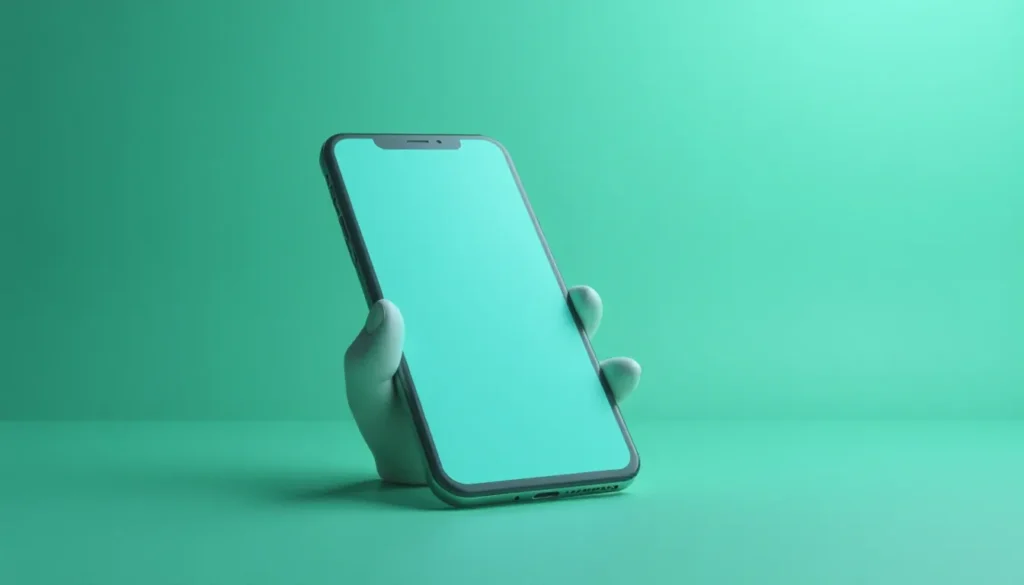 Smartphone moderno em fundo verde claro, segurado por uma mão estilizada, com tela vazia pronta para uso. Ideal para temas de tecnologia e design minimalista.