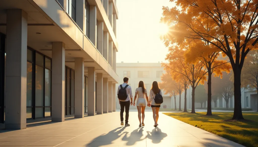 Três estudantes caminham juntos em um campus durante o outono, com árvores douradas ao fundo e a luz do sol filtrando entre os edifícios.