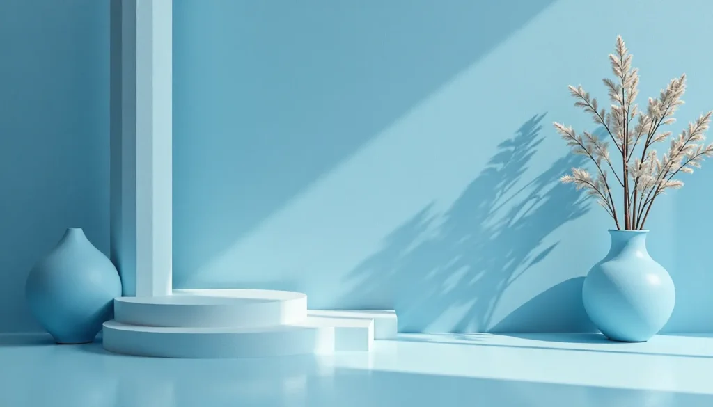 Ambiente minimalista em tons de azul, com uma base redonda branca, um vaso azul e um arranjo de flores secas ao lado, criando uma atmosfera moderna e tranquila.