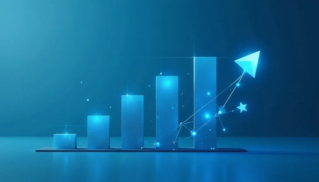 Gráfico de barras em tons de azul, mostrando crescimento com um vetor de seta apontando para cima, simbolizando progresso e desenvolvimento. Ideal para representar dados e estatísticas em apresentações empresariais.