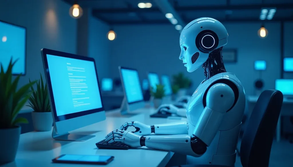 Robô humanoide trabalhando em um computador em um ambiente de escritório moderno, com várias telas azuis e plantas decorativas ao fundo, representando a integração da tecnologia e da inteligência artificial no local de trabalho.