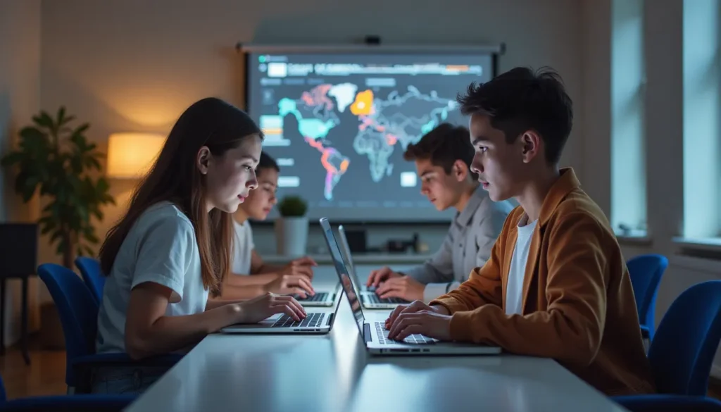 Grupo de jovens concentrados em laptops em um ambiente de trabalho moderno, com um mapa interativo projetado ao fundo. A imagem retrata a colaboração em equipe e o uso de tecnologia para aprender e compartilhar informações.