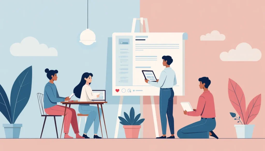 Grupo de profissionais discutindo estratégias em uma reunião moderna, com um colaborador apresentando informações em um flip chart. Três pessoas usam laptops e tablets, enquanto plantas decorativas adicionam um toque de natureza ao ambiente.