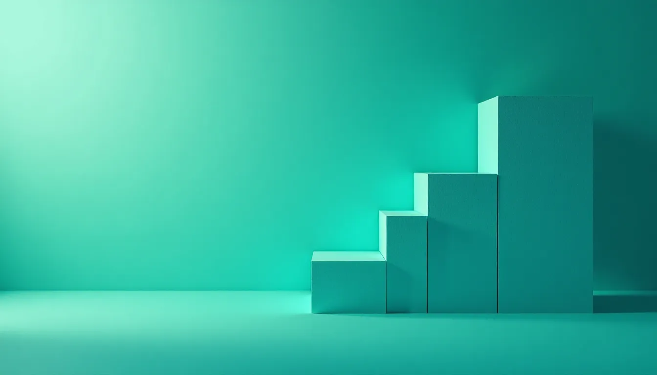 Escadas de blocos em um fundo verde turquesa, simbolizando crescimento e progresso em projetos ou negócios.