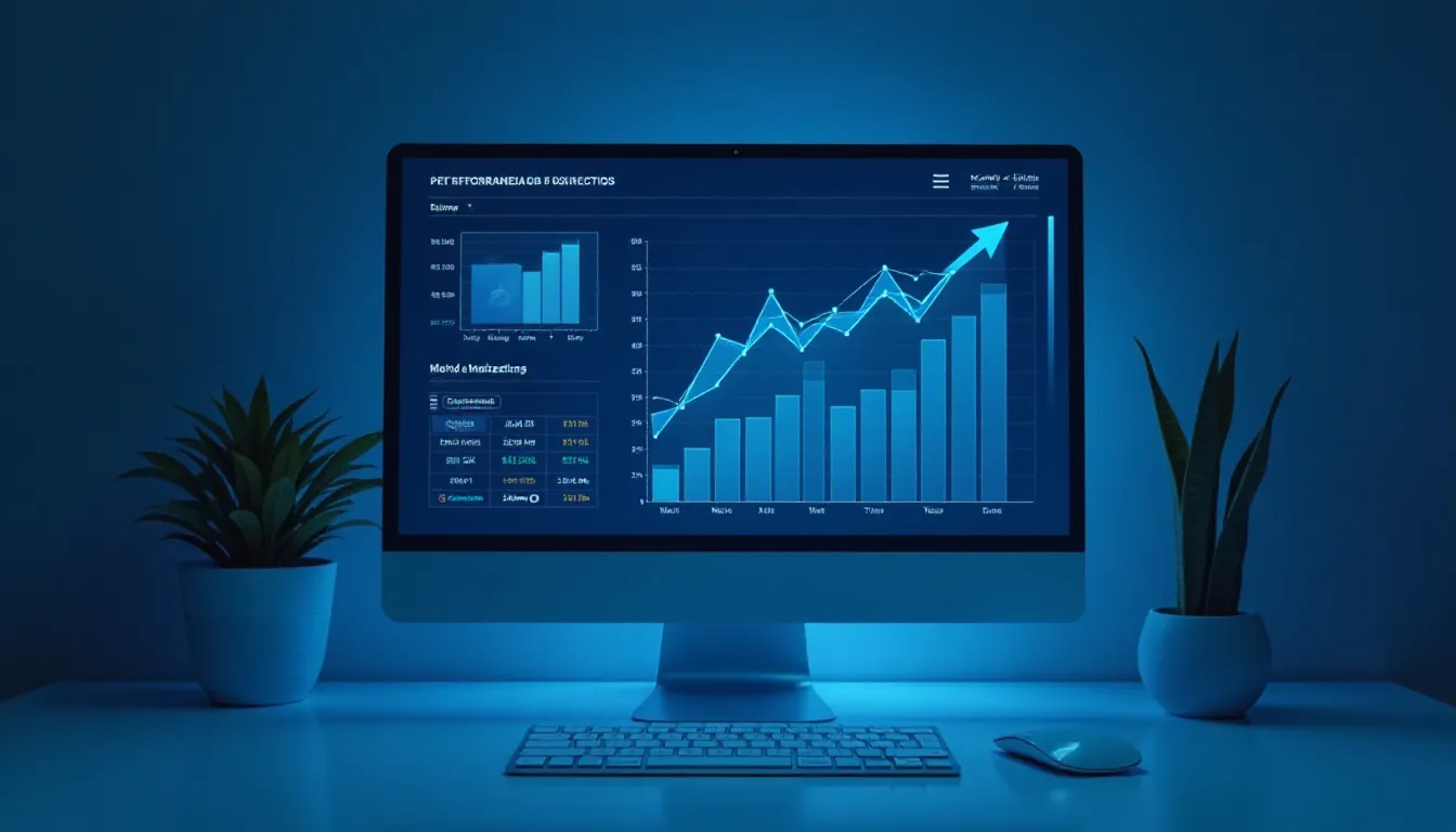 Tela de computador exibindo gráficos de desempenho e estatísticas de marketing digital, com fundo iluminado em azul e plantas decorativas ao lado, representando análise de dados e monitoramento de métricas.