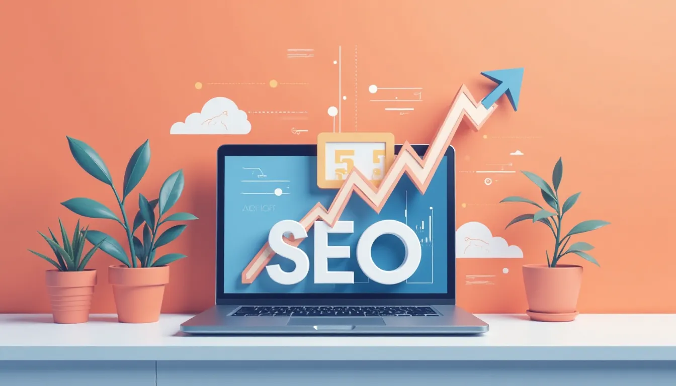 Imagem de um laptop exibindo gráficos de crescimento com a palavra "SEO" em destaque. Ao fundo, um painel laranja com ícones de nuvens e elementos gráficos, juntamente com duas plantas em vasos, simbolizando um ambiente de trabalho moderno e focado em estratégias de otimização para motores de busca.