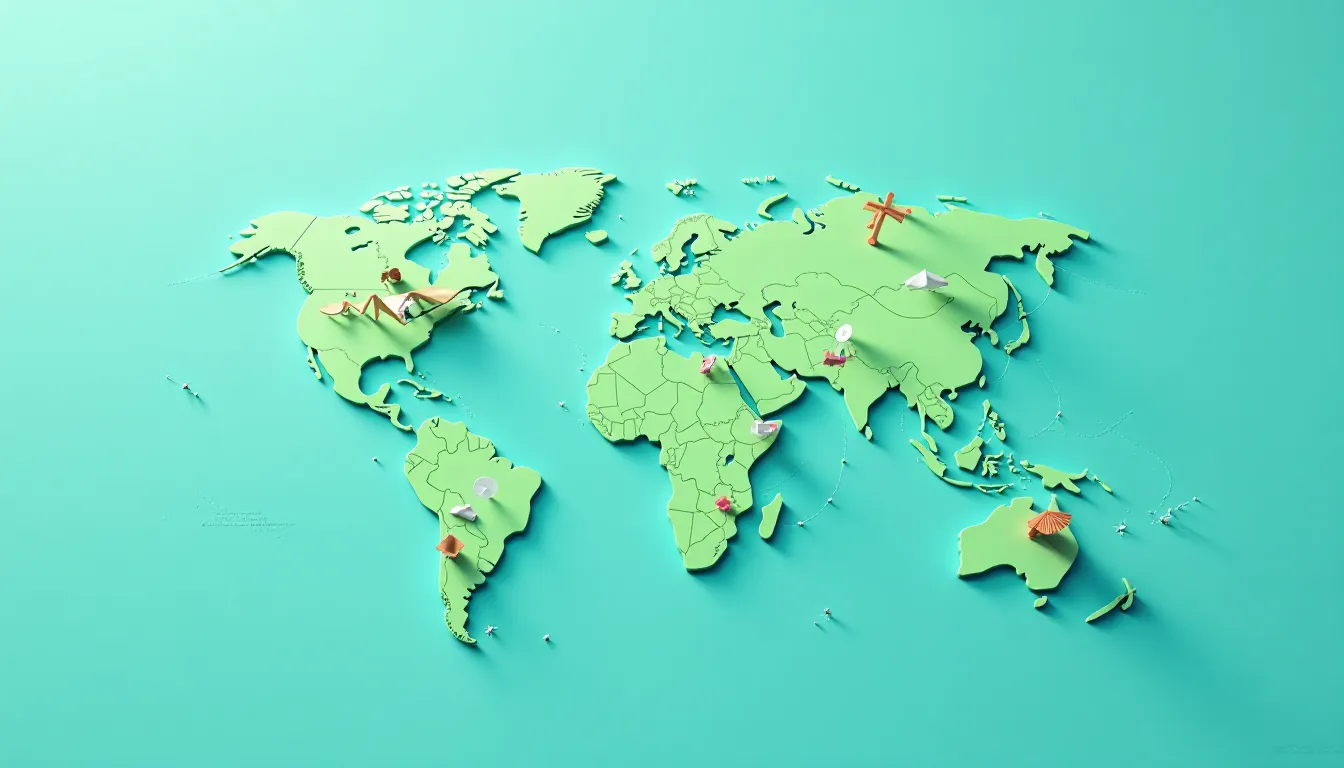 Mapa-múndi em estilo tridimensional, com representação em papel verde de continentes e ilhas, destacando marcos turísticos e culturais, sobre um fundo azul claro.