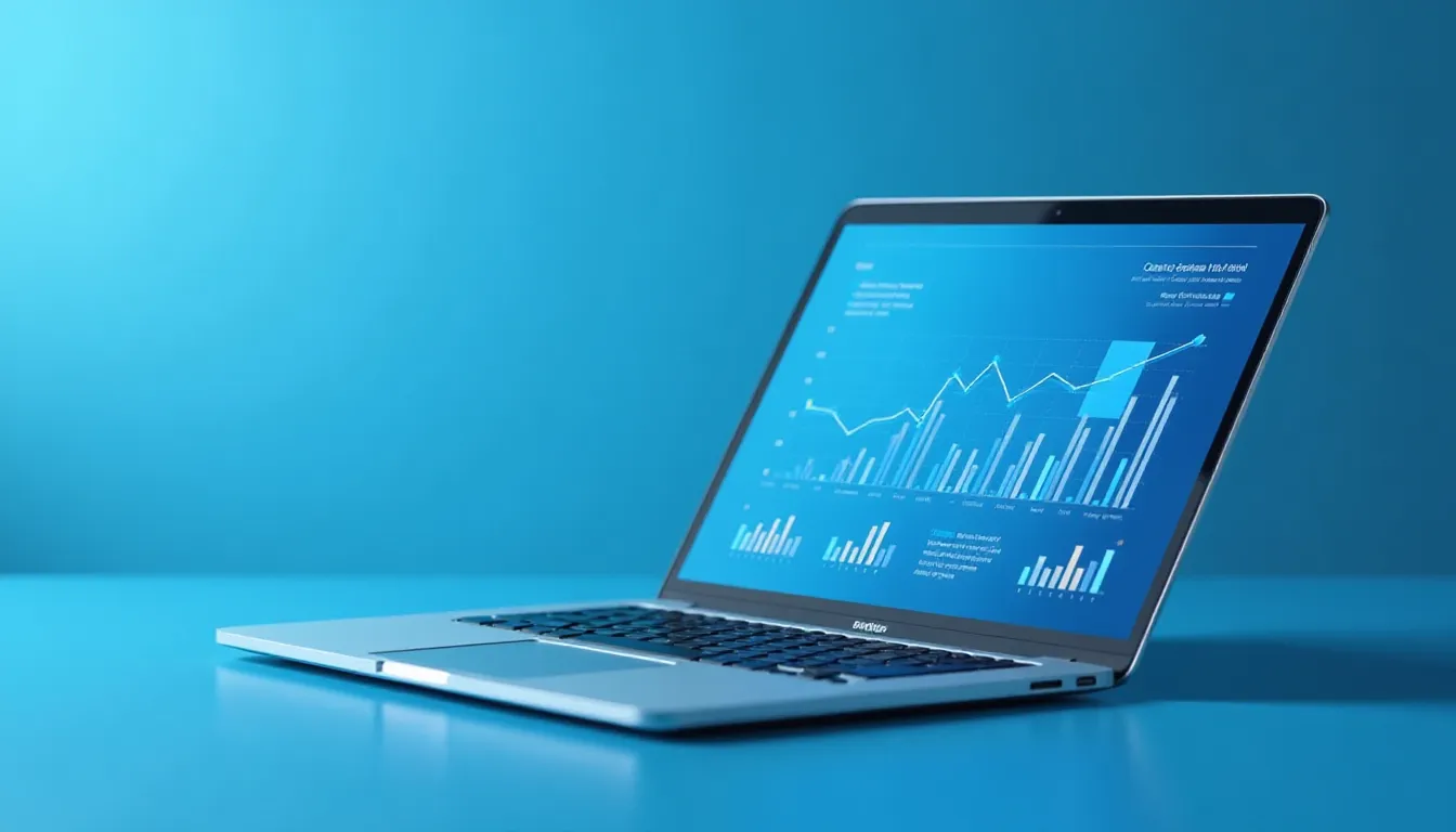 Laptop com tela exibindo gráficos e dados estatísticos em um fundo azul, ideal para visualização de análise de dados e relatórios financeiros.