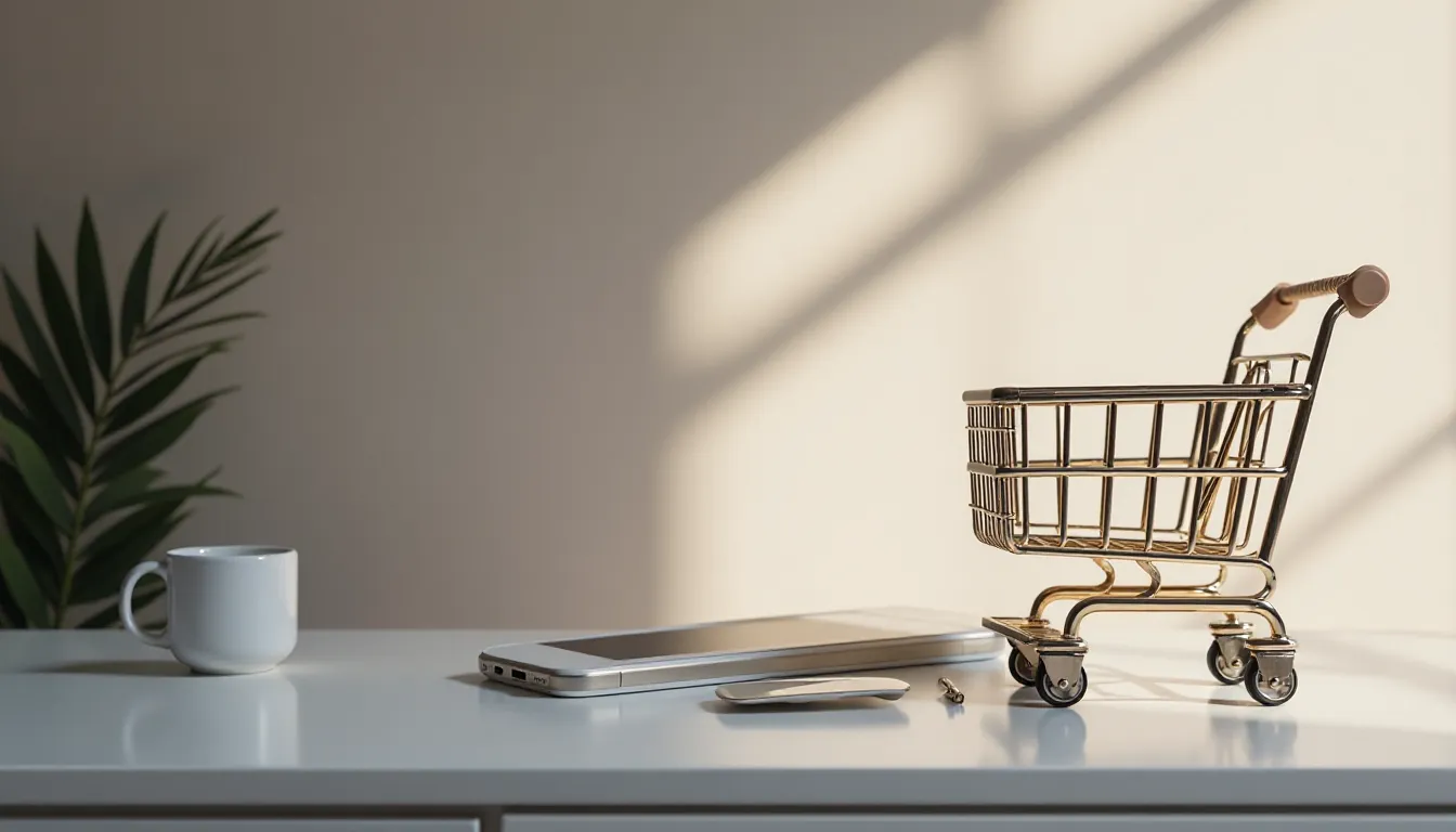 Mesa de escritório minimalista com um pequeno carrinho de compras dourado, um laptop prateado, uma caneta e uma xícara branca, ao lado de uma planta verde, iluminada por luz natural.