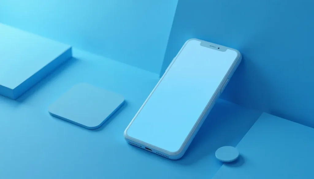 Smartphone moderno sobre uma superfície azul, ladeado por um suporte de carregamento e um botão circular, todos em tons de azul. Ideal para publicações relacionadas à tecnologia e design minimalista.