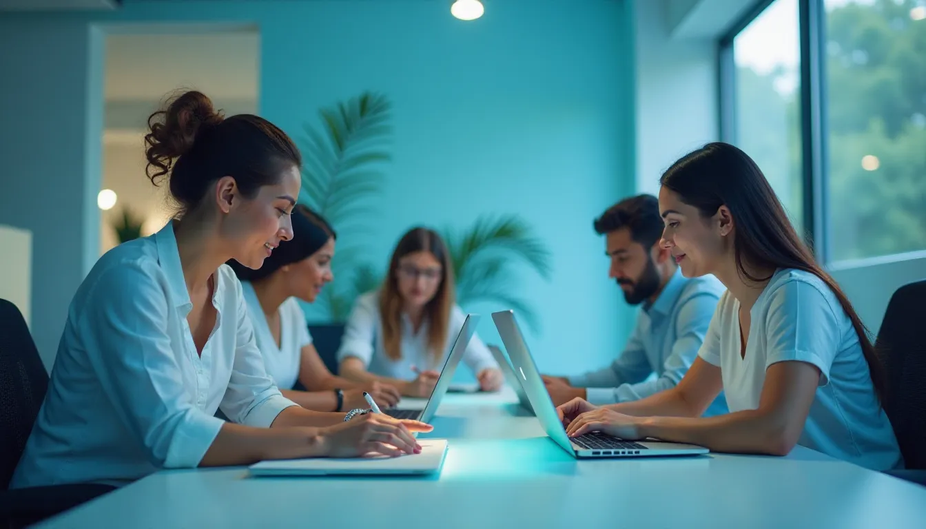 Grupo de profissionais em uma reunião produtiva em um escritório moderno, com cinco pessoas sentadas ao redor de uma mesa, concentradas em laptops e anotações. A atmosfera é colaborativa, com paredes em tons claros e plantas ao fundo.